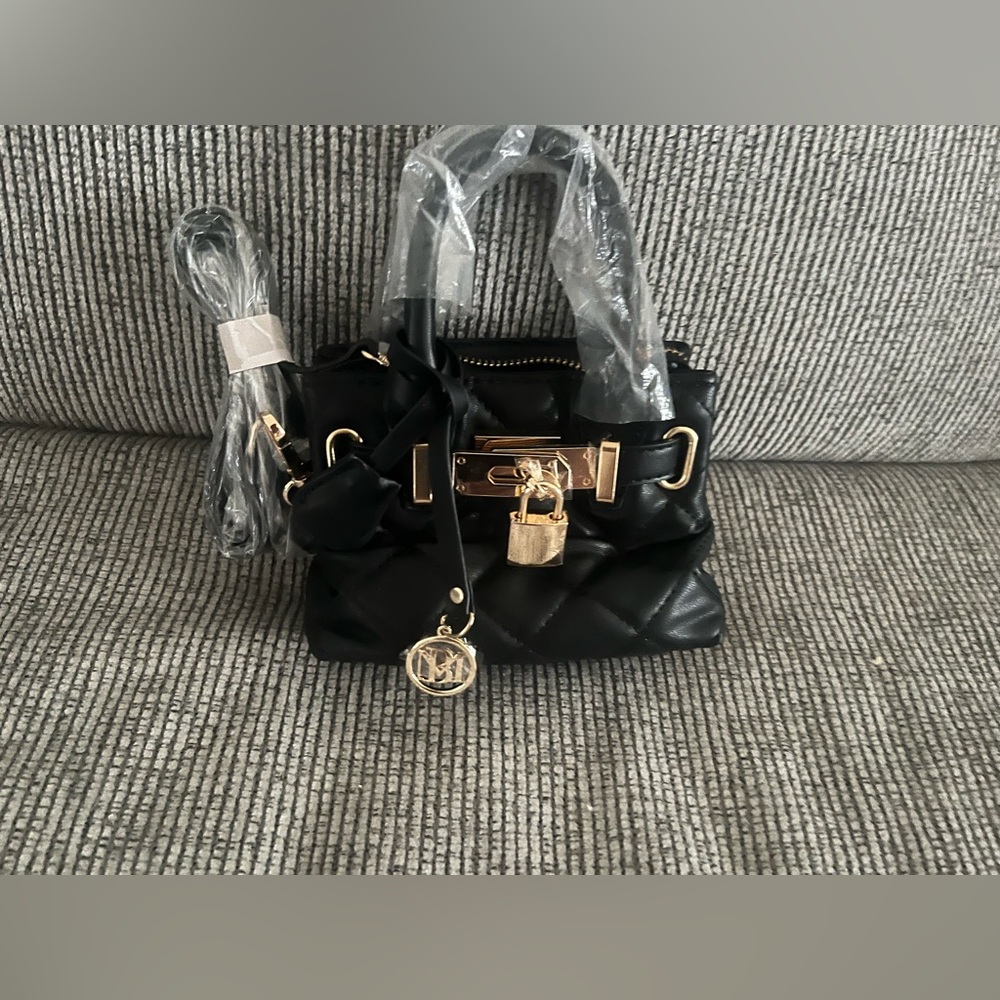Elegant Black mini  Badgley Mischa diamond  lQuilted Handbag with Gold Accents